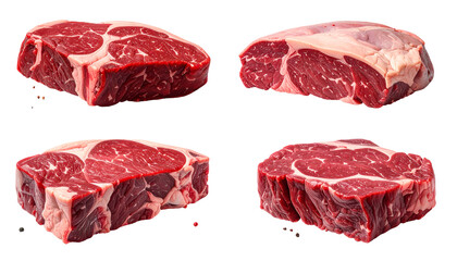 Obraz premium Four raw, marbled beef cuts, isolated on black background, showcasing different angles