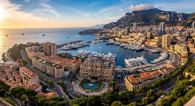 Panoramic view of Monacos stunning coastal city and harbor.