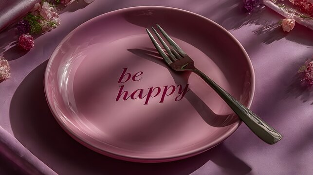 be happy メッセージ入りピンクプレートのフラットレイ おしゃれなデザートコンセプト
