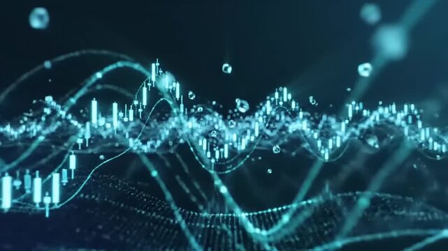 Abstract Financial Data Visualization with Candlestick Charts and Digital Waves in a Futuristic Technology Background Loop