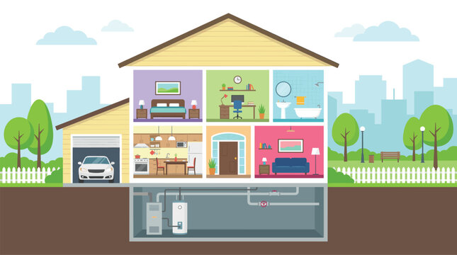 Cross section of a modern smart home showing garage, kitchen, living room, bedroom, office, bathroom, and basement utility systems