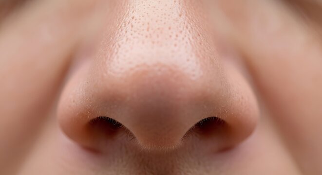 Close-up of a human nose, showing nostrils and skin texture.