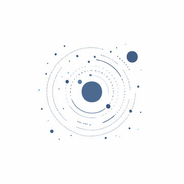 Abstract geometric solar system model with orbiting particles, minimalist science graphic