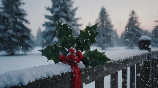 Snowy Christmas Holly on Fence Rail.