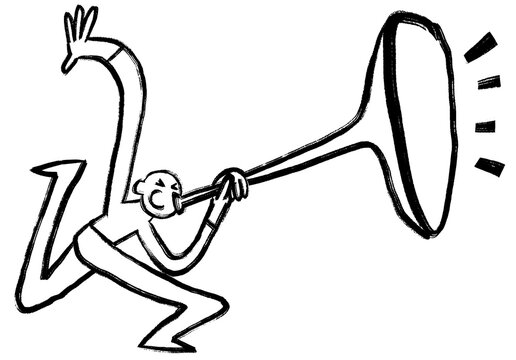 A sketchy character of a man blowing into a trumpet