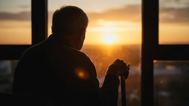 Elderly Man Silhouette Looking At Sunset Window. Senior male sitting with walking stick watching golden hour sun over city horizon from high rise apartment.