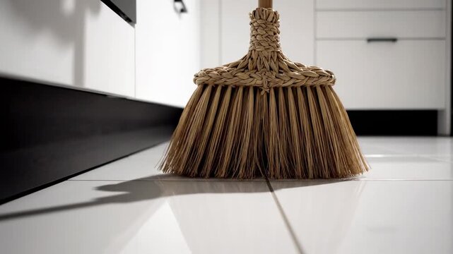 Efficient Home Cleaning with a Straw Broom Sweeping a White Tiled Kitchen Floor for Domestic Service Advertisements.