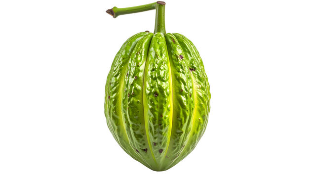 Vibrant green oblong fruit with longitudinal ridges, small dark spots, and attached stem
