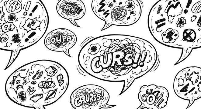 Black and white speech bubbles with curses.