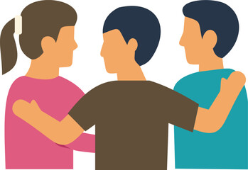 Obraz premium Three cartoon people embracing friendly, illustrating teamwork and connection