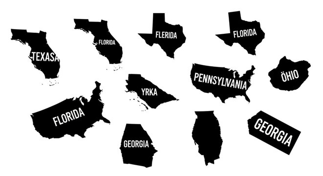 Black silhouettes of American states map.