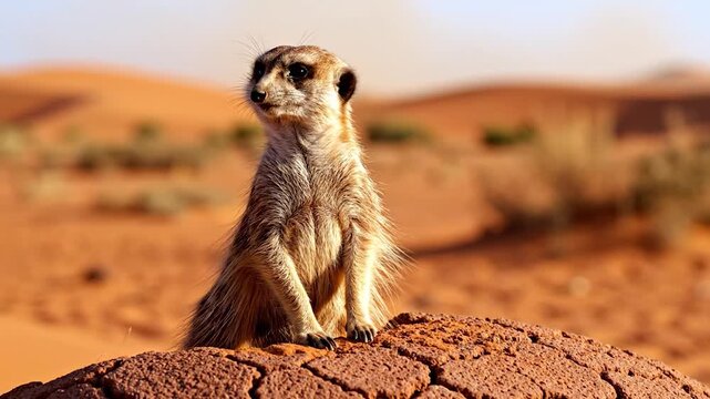 A small desert mammal stands alert on a cracked rock in a sandy arid environment with soft focus dunes in the background