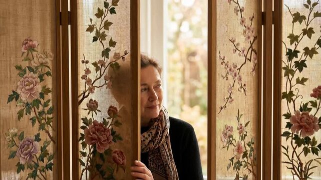 Young woman alone in floral immersive art room concept. Middle aged woman looking thoughtfully through floral decorative room divider in cozy natural light