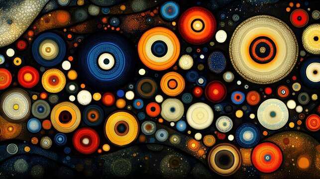 Colorful circles dance across a dark background creating a captivating and vivid display