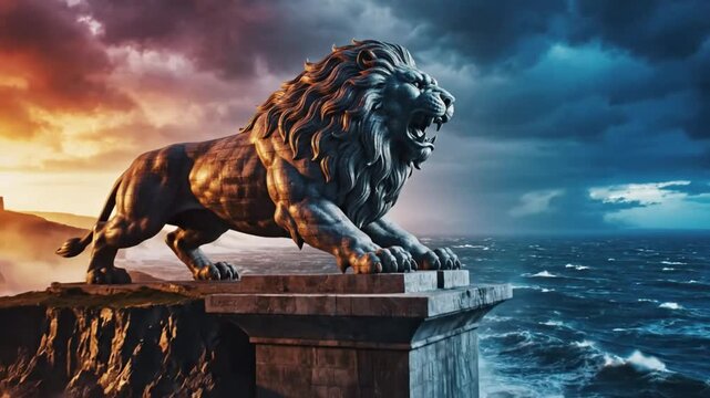 Epic lion statue roaring dramatically on a cliff overlooking a vast ocean under a stormy sky