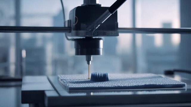 3d printer print head extruding material layer by layer, fabricating a complex object with precision and innovation in an industrial or laboratory setting