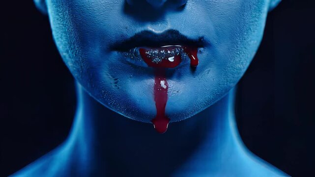 Blood drip mouth on blue painted skin for horror concept