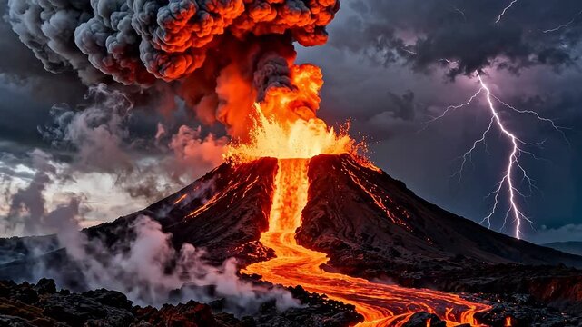 Volcano erupting with lava and lightning