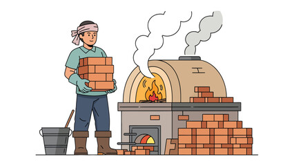 Brick Production Scene: An industrious worker, armed with a bundle of bricks, stands beside a blazing brick kiln. He is ready to facilitate the final step in brick production © Murshida