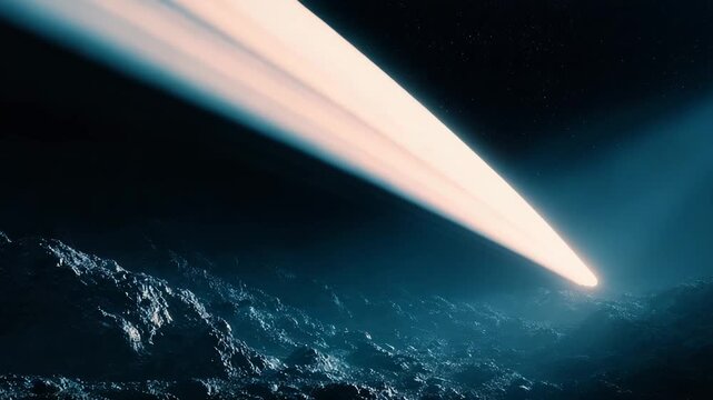 Celestial body with luminous rings illuminating a rugged, rocky surface of an asteroid or minor planet, creating a stark, mysterious cosmic landscape filled with starlight