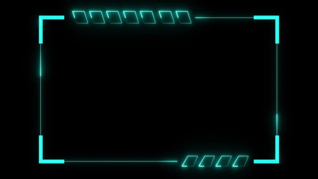 Futuristic neon cyan hud frame border on black background with glowing corners and small interface blocks, empty center space for text or video overlay
