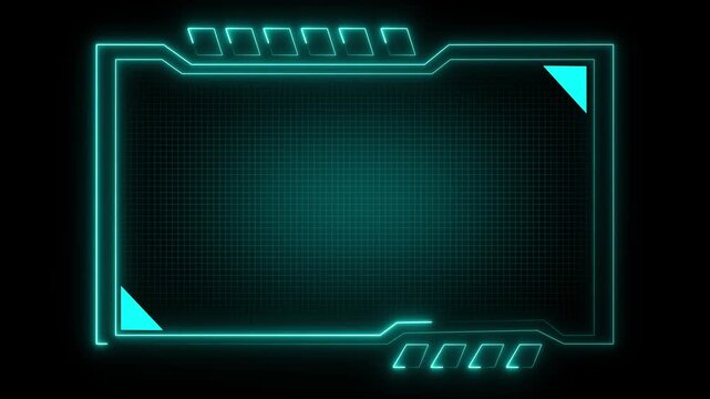 Futuristic neon cyan hud frame on dark background with glowing tech border and empty copy space, sci-fi interface panel for games, streaming overlays or ui design.