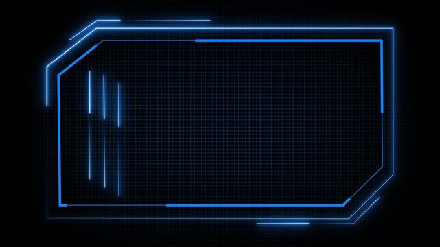 Futuristic blue neon hud frame on dark grid background, sci fi interface border with glowing lines and tech panel layout, suitable for ui overlay, gaming, cyber security or digital presentation.