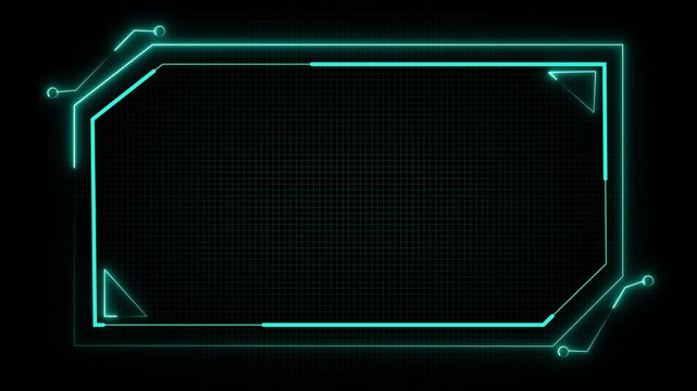 Futuristic neon cyan hud frame on dark grid background, glowing tech border with circuit corners and copy space for interface, banner, or title.