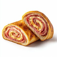 Fototapeta premium Mouthwatering Italian-American stromboli, freshly baked and sliced in half, revealing delicious spirals of pepperoni, salami, and melted mozzarella cheese on a white background.