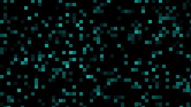 Abstract digital background of scattered teal pixel squares on black, resembling data particles or glitch mosaic, with ample copy space for technology themes.