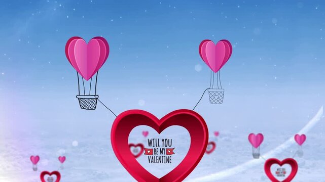 Animation of heart icons and will you be my valentine text on blue background