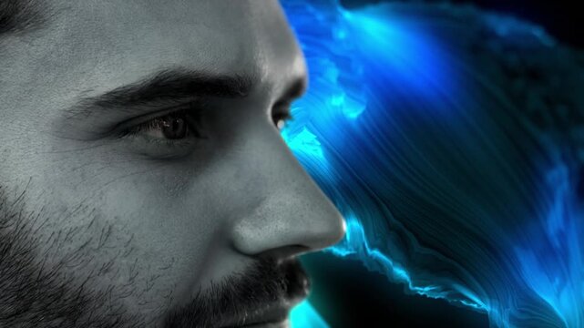 Animation of caucasian man over light trails