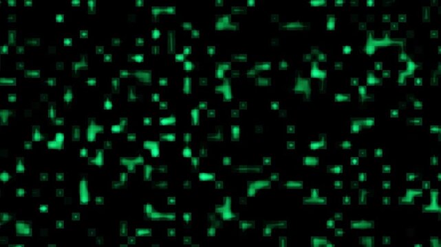 Abstract digital background with scattered glowing green pixel blocks on black, resembling data stream or matrix-style glitch noise; futuristic tech texture for cybersecurity, code, or virtual themes.