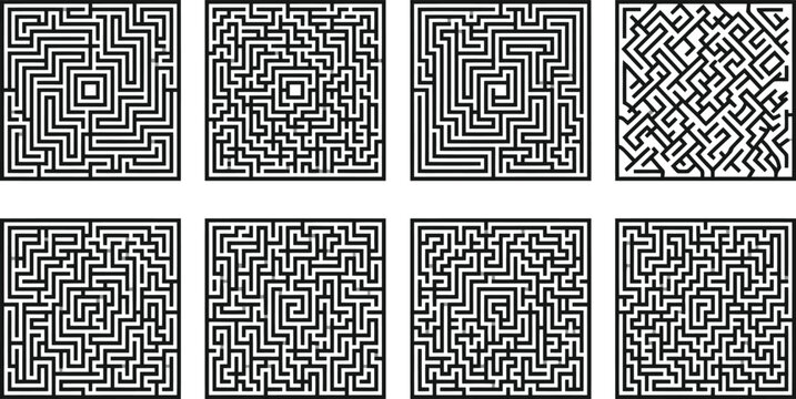 Eight Black Square Mazes With Different Complexity Levels On A White Background labyrinth puzzle