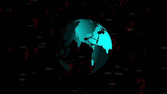3d turquoise globe with africa and europe highlighted, surrounded by red question marks and faint numbers on dark background, concept of uncertainty, global data, cybersecurity threats.