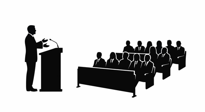 Silhouette vector of a speaker addressing an audience at a business conference or educational seminar. Great for public speaking, presentation, and communication themes.