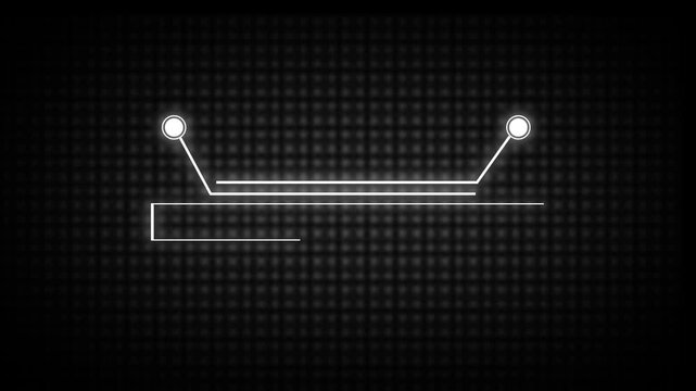 Minimalist tech interface: white circuit-like line with two circular nodes on a dark dotted grid background, futuristic HUD style, copy space for banner or UI design.