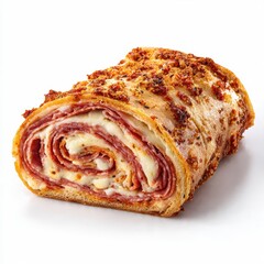 Fototapeta premium Delicious baked Stromboli, a classic Italian-American savory roll packed with generous layers of pepperoni, salami, and melted mozzarella cheese, served hot on a white background, studio shot.