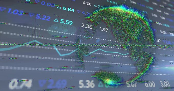 Animation of financial data and globe on navy background