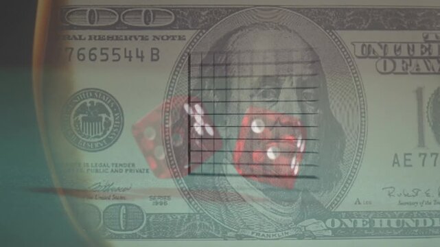 Animation of data processing over banknotes and dices