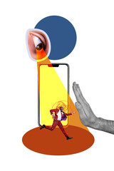 Vertical poster collage young gentleman run escape eyesight peek espionage cyber privacy...