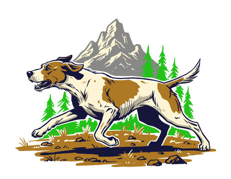 Hunting dog mountain vintage artwork for tshirt. Outdoor adventure for apparel and sticker. Running hound vector. Wild and free. Nature forest.