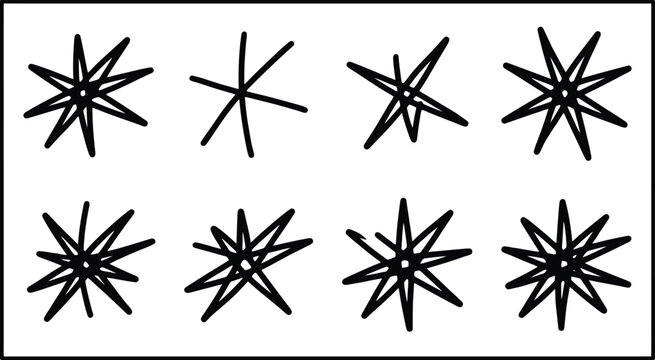 Eight Hand Drawn Starburst Shapes on White Background asterisk graphic