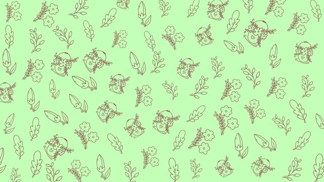 An intricate floral pattern featuring hand-drawn leaves and flowers on soothing pastel green, perfect for backgrounds, textiles, or decorative designs.