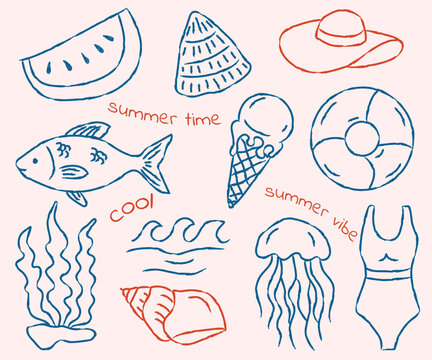 Summer doodle set with watermelon, ice cream, fish, swimsuit, jellyfish and beach elements, hand drawn vector illustration with lettering
