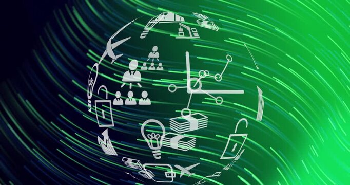 Animation of business icons over light trails