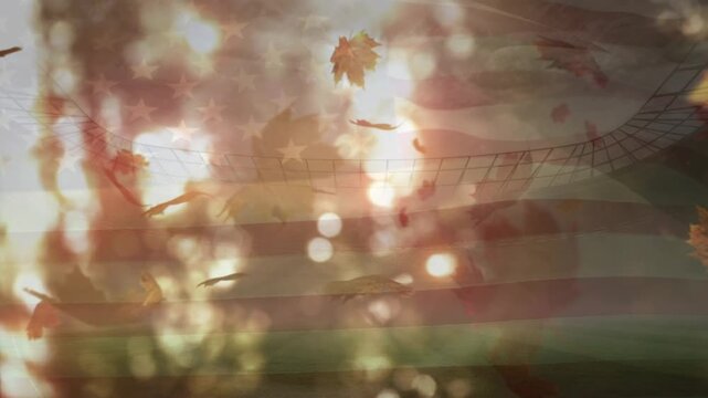 Animation of autumn leaves falling over flag of usa