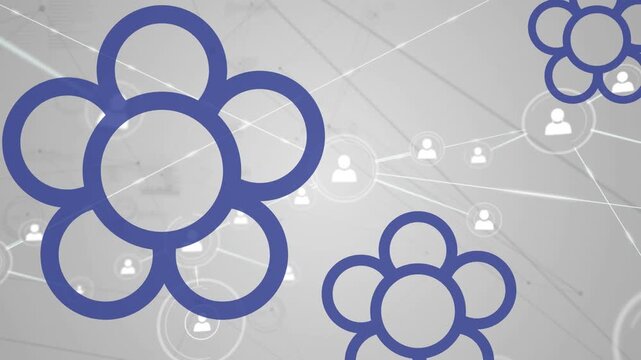 Animation of network of profile icons over flower shapes against grey background