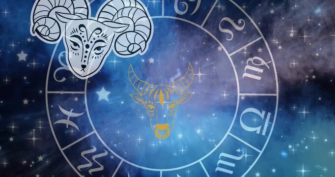 Animation of horoscope symbols over stars on blue background