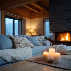 Obraz premium Cozy living room with fireplace and candles in winter